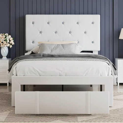 Miniatura 29 de VECELO Base de cama de tamaño individual, plataforma tapizada con cabecera ajustable de diamante, soporte de listones de madera, no necesita somier