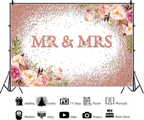 Miniatura 2 de Telón de fondo de boda de 5 x 3 pies con texto en inglés "Mr and Mrs Bridal Shower Fotografía", flores de oro rosa rosa con flores de novia