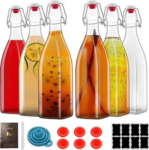 Paquete de 6 botellas de vidrio cuadradas de 25 onzas, botellas de 25 onzas líquidas con tapones herméticos para kombucha, kéfir, extracto de