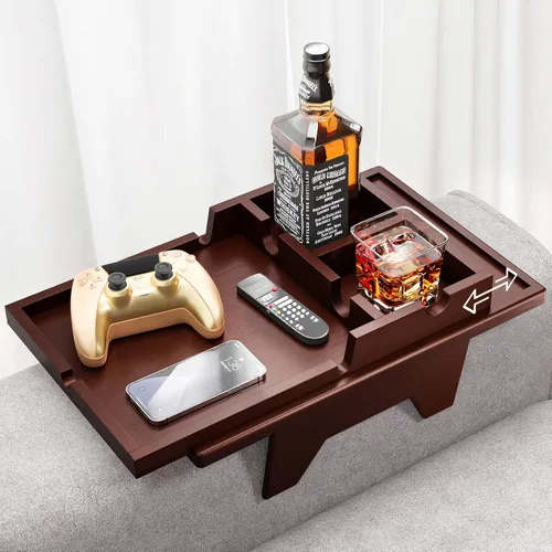 Miniatura 10 de Bestjing Bandeja de bambú para portavasos de sofá – 2 en 1 con soporte doble desmontable Be Slide-Away – Sofá sillón Caddy para beber aperitivos