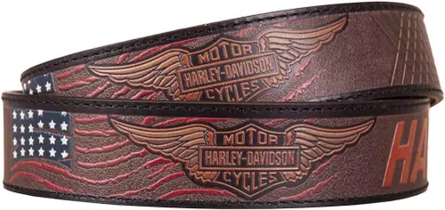 Miniatura 2 de Harley-Davidson - Cinturón de piel marrón con bandera americana, color níquel envejecido