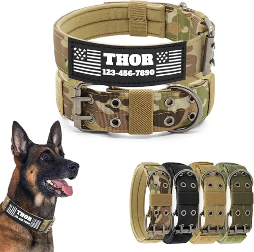Miniatura 11 de Collar táctico personalizado para perro con parches de nombre y número de teléfono - Collar resistente personalizado con hebilla de cinturón