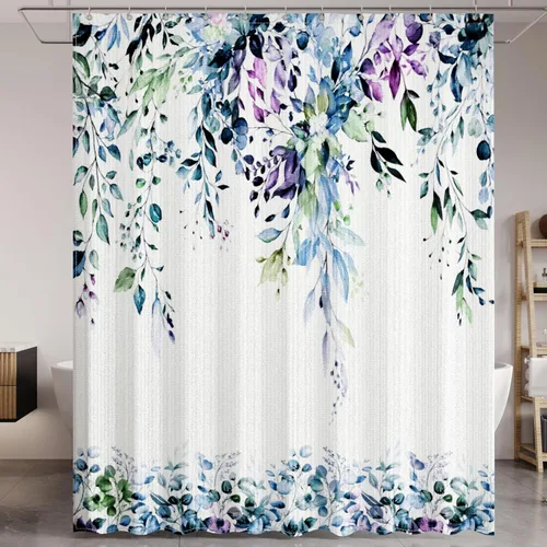 Miniatura 19 de Cortina de ducha de hojas de eucalipto negras para baño: juego de cortinas de ducha con acuarela de arte estético con ganchos, decoración de tela