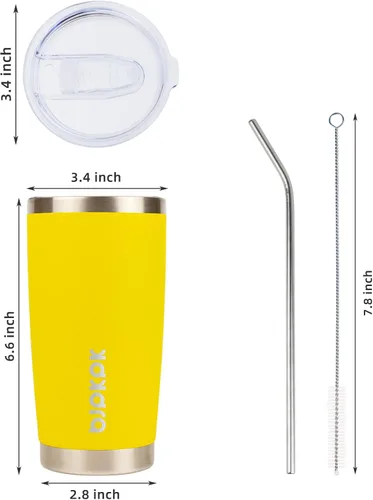 Miniatura 3 de BJPKPK Vaso aislado de 20 onzas con tapa y pajita, taza de café de acero inoxidable, color amarillo Dorado (Goldenrod)