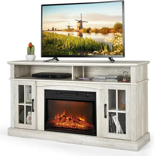 Miniatura 10 de GOFLAME Soporte de TV de 58 pulgadas con inserto de chimenea eléctrica, centro de entretenimiento con chimenea con armarios laterales y estantes