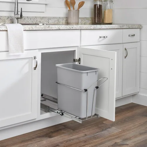 Miniatura 3 de Rev-A-Shelf Bote de basura extraíble universal de 20 cuartos de galón para gabinete de cocina de alambre metálico deslizante con cesta trasera