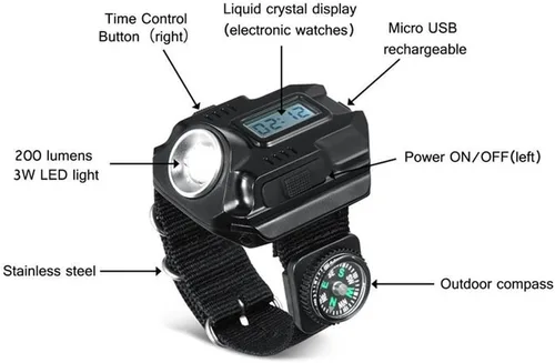Miniatura 5 de Brújula de la antorcha LED táctico LED recargable al aire libre deporte reloj de pulsera