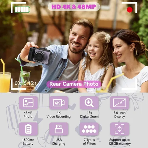 Miniatura 2 de Cámara de 48MP para fotografía, cámara digital 4K para niños y adultos con cámaras duales delanteras y traseras, zoom digital de 18X, filtros