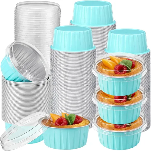Miniatura 10 de Gejoy 400 Piezas Moldes de Papel de Aluminio para Hornear con Tapas 5 oz Moldes Desechables Ramekins Mini Moldes para Pasteles Crème Brûlée Moldes