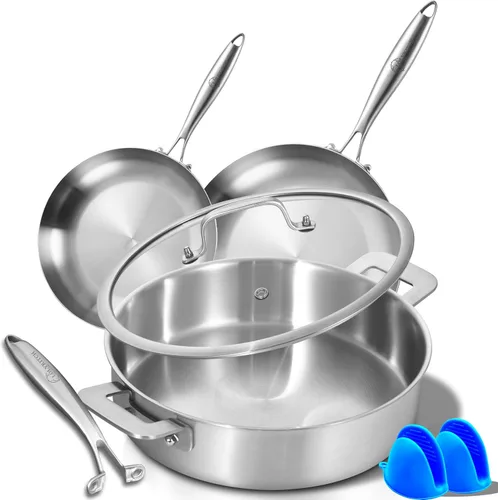 LOLYKITCH Sartenes de acero inoxidable de tres capas de 8.5 a 10 pulgadas y sartén para saltear de 12 pulgadas con tapa, juego de utensilios de