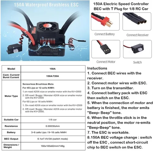Miniatura 9 de GoolRC Controlador de velocidad eléctrico impermeable ESC sin escobillas 150A para 1/8 RC Truck Off-Road Car
