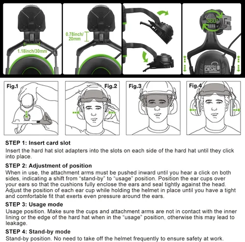 Miniatura 7 de CASCO DE SEGURIDAD CON VISERA Y OREJERAS BLUETOOTH GREEN DEVIL Casco Duro de Trabajo con Protección Completa, Ventilado, Casco de Construcción ANSI