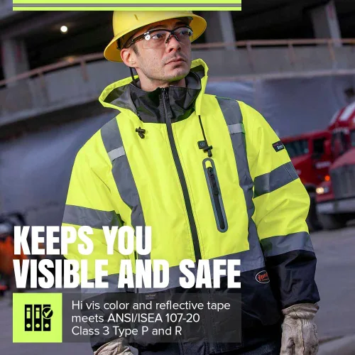 Miniatura 5 de Pioneer Hi Vis - Chaqueta bomber de seguridad climatizada impermeable - Equipo de lluvia de invierno clase 3 para hombres - Cinta reflectante