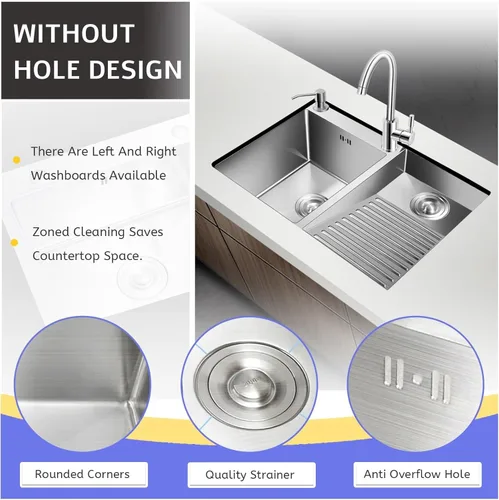 Miniatura 3 de Fregadero de lavandería de acero inoxidable con tabla de lavado integrada, bañera para lavar a mano con panel grueso, fregadero de lavandería