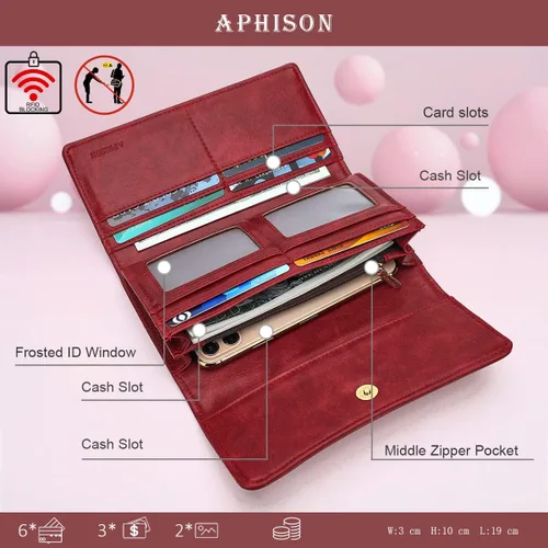 Miniatura 2 de Aphison - Cartera larga de cuero suave RFID para mujer, con caja de regalo