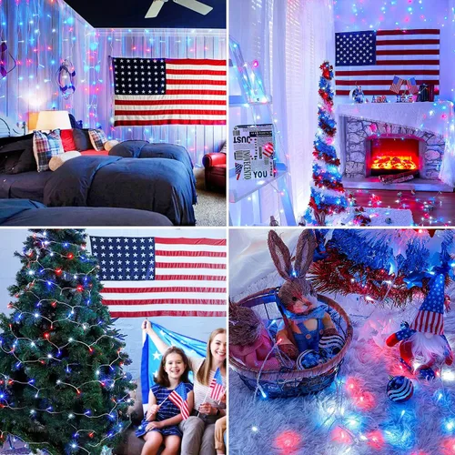 Miniatura 8 de JMEXSUSS Luces rojas blancas y azules con cable transparente, 66 pies, 200 luces LED para decoración del 4 de julio, luz de Navidad para celebración