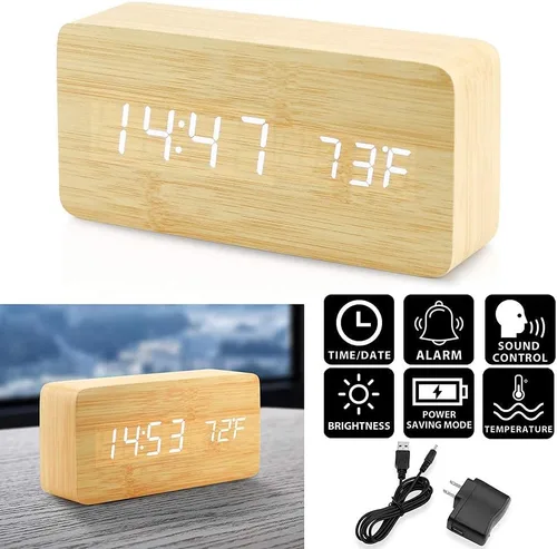 Miniatura 2 de OCT17 Reloj despertador digital de madera, reloj despertador LED multifunción de madera con fuente de alimentación USB, control de voz, Bambú