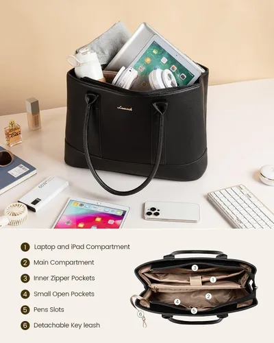 Miniatura 6 de LOVEVOOK Bolsa de mano para computadora portátil para mujer, piel vegana guijarro de 15.6 pulgadas, bolsa para laptop de gran capacidad para mujer