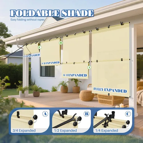Miniatura 2 de ECOOPTS - Persianas enrollables de 4' de ancho x 5' de largo, persiana enrollable para patio, porche, jardín, cenador, terraza, balcón (Beige)