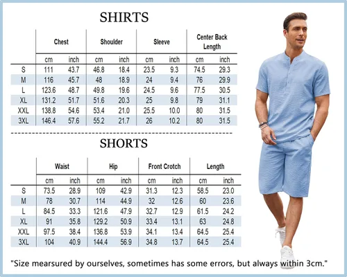 Miniatura 6 de COOFANDY Conjunto de 2 piezas de lino para hombre, camisas Henley casuales de manga corta, pantalones cortos de yoga para playa, pantalones cortos