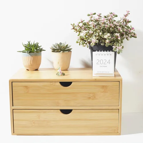 Miniatura 4 de Charmewooden Organizador de escritorio de bambú con cajones, organizador de encimera con cajones, cajón de almacenamiento de maquillaje, 2 cajones