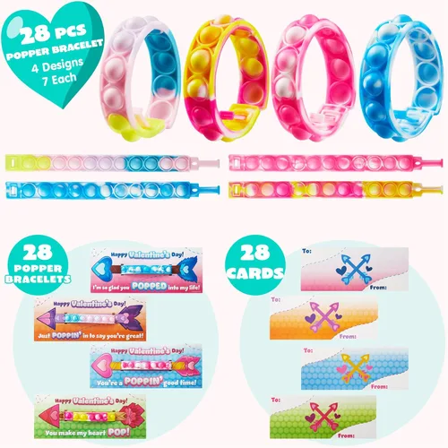 Miniatura 2 de JOYIN Paquete de 28 tarjetas de regalo para el día de San Valentín con pulsera Pop Fidget, juguete para ansiedad de burbujas para reventar, pulsera