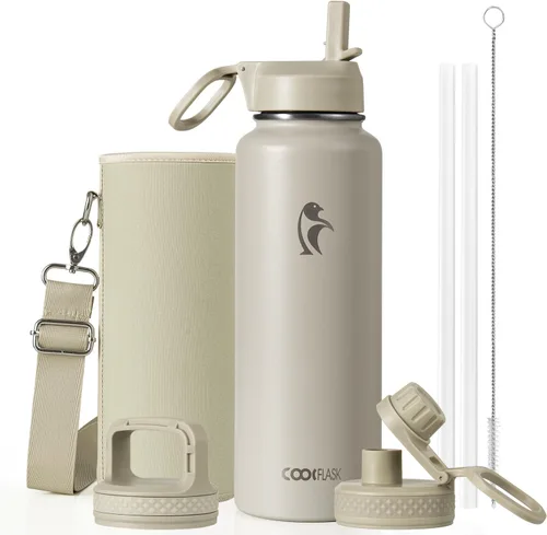 Miniatura 55 de Coolflask Botella de agua de 20 onzas aislada con pajilla, 3 tapas de metal de acero inoxidable, botella de agua de boca ancha para deportes u