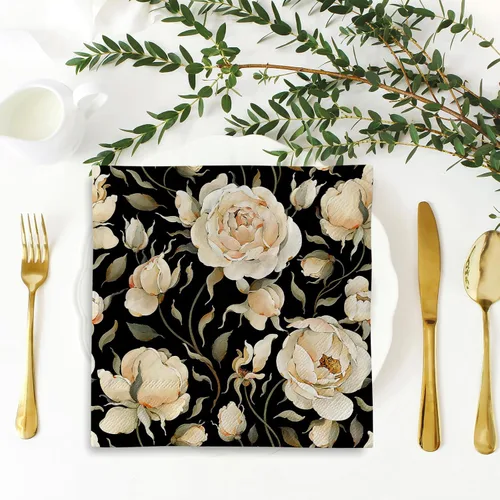 Miniatura 4 de Paquete de 80 servilletas de almuerzo florales rosas retro, peonías de rosas negras, servilletas de papel desechables decorativas vintage
