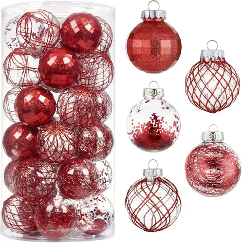 CristBest Juego de 30 adornos de bolas de Navidad - Bolas de Navidad de plástico transparente inastillable de 60 mm / 2.36", juego de bolas de Rojo
