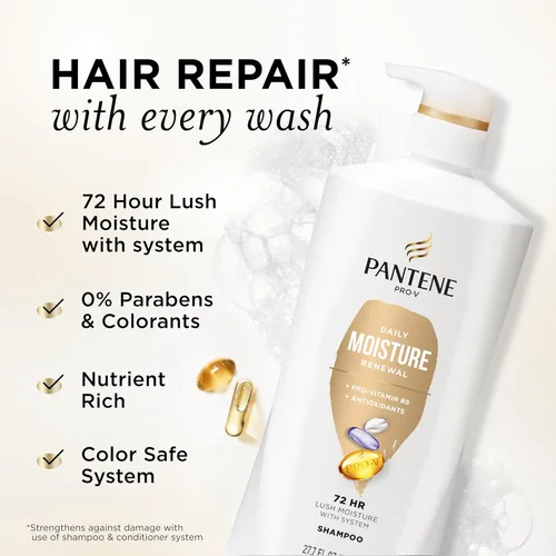 Miniatura 2 de Pantene Champú, renovación diaria de la humedad, nutrientes Pro-V para cabello seco, teñido y lacio a rizado, hidratación y suavidad de 72 horas