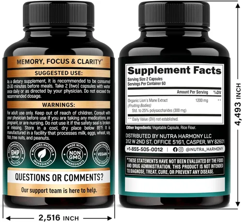 Miniatura 2 de Cápsulas de suplemento de melena de león - Melena de león orgánica - Fabricado en EE.UU. - Extracto de cuerpos fructíferos - 1200 mg, 25%