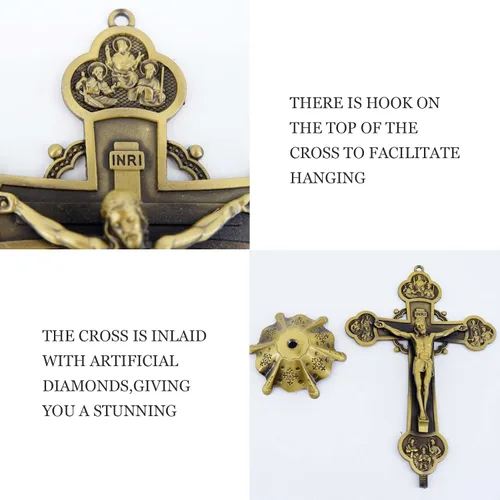 Miniatura 3 de rnuie Cruz de mesa de altar de Jesús, decoración de pared de crucifijo religioso con soporte, adorno cristiano de metal montado en la pared