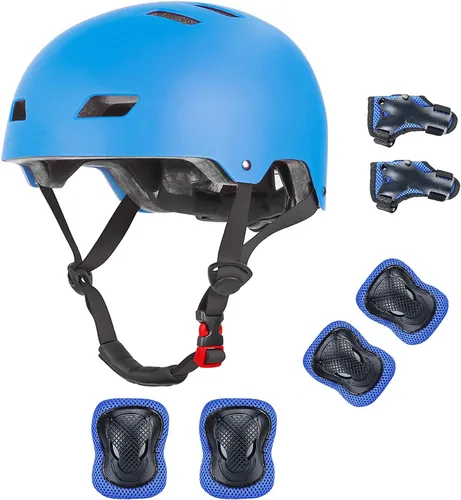 Casco de bicicleta para niños de Banzk, para edades 3-5-8-14+, para niñas y niños, casco con rodilleras, coderas y muñequeras, ventilación, #4 Azul