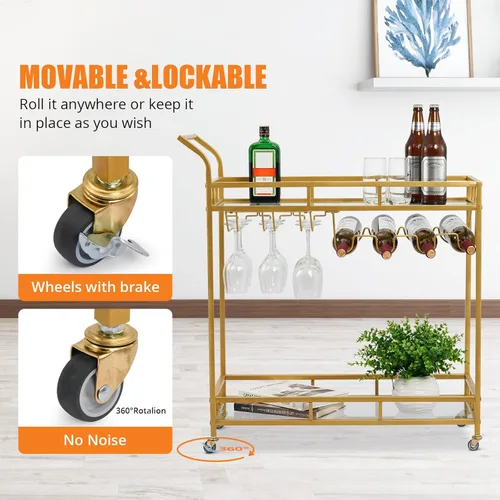 Miniatura 2 de GAOMON Carrito de bar grande dorado, carrito de servicio de bar en casa, carrito de vino con 2 estantes espejados, soportes para vino, soportes