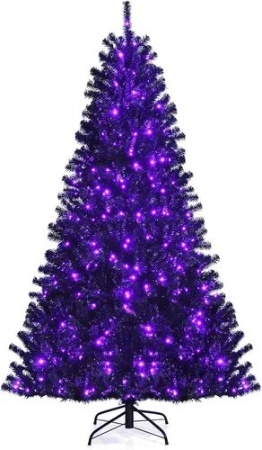Miniatura 11 de Goplus - Árbol de Navidad artificial negro de 7 pies con luces preinstaladas, árbol de Halloween artificial, árbol de Navidad completo con bisagras