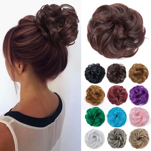 Miniatura 42 de Benehair Moño desordenado, pieza de pelo recogido para mujer, esponjoso, ondulado, moño con dona, moño sintético con banda elástica de goma