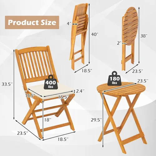Miniatura 9 de HAPPYGRILL Juego de mesa y silla de 3 piezas con cojines plegables de madera y mesa auxiliar para balcón, jardín, patio trasero Blanco
