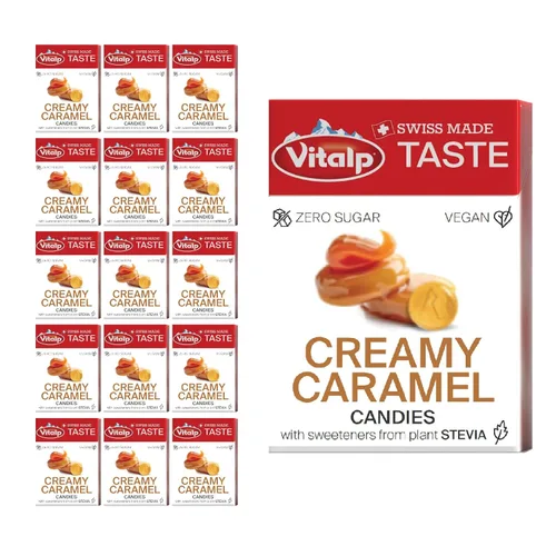 Vitalp Taste, hecho en Suiza, caramelo duro sin azúcar con Stevia, vegano, sabor a caramelo cremoso, paquetes de 25g/0.88 onzas, 16 cajas