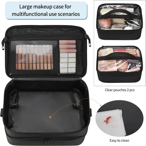 Miniatura 3 de Estuche de maquillaje extra grande, bolsa de viaje para artistas de maquillaje profesional, doble capa, ligera, XL, estuche organizador de viaje