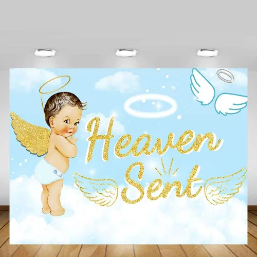 Miniatura 2 de Bonito telón de fondo para fiesta de baby shower, de 7 x 5 pies, cielo azul claro, nube blanca, ángel dorado, decoración de alas doradas, regalo
