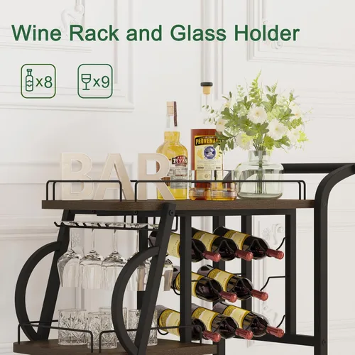 Miniatura 3 de Carrito de bar rústico, carritos de bar rodantes de 3 niveles para el hogar, carrito de servicio industrial para el hogar con soporte para copas