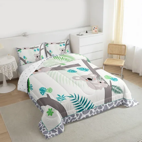 Miniatura 6 de Homewish Juego de edredón Kawaii Koala, juego de ropa de cama con hojas tropicales para niños, niñas y mujeres, edredón acolchado con hojas de palma