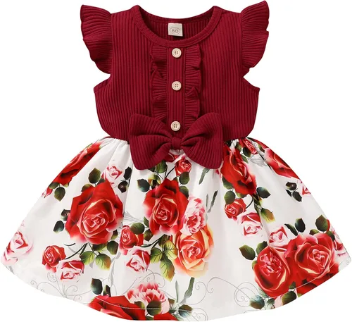 Vestido de verano para niña pequeña, sin mangas, con volantes, con lazo, falda floral y empalme