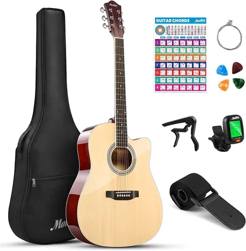 Miniatura 8 de Moukey Guitarra acústica de 41 pulgadas para principiantes, adultos, adolescentes, tamaño completo, con póster de acordes, bolsa de concierto, Negro