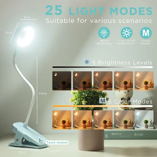 Miniatura 2 de Akynite Lámpara de escritorio LED con clip, 5 modos, 5 brillos regulables, luz de abrazadera regulable, batería recargable, lámpara de lectura