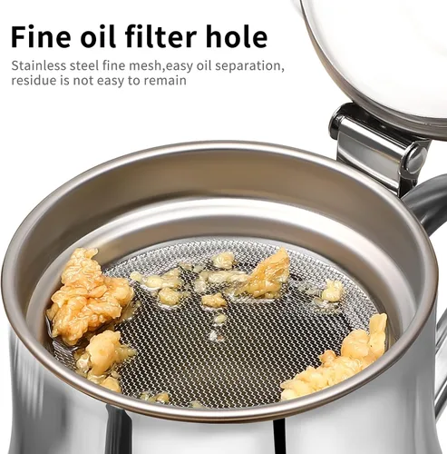 Miniatura 5 de Yardwe Olla de filtro de aceite de acero inoxidable con filtro de malla fina y tapa, contenedor de grasa de 18 onzas para almacenamiento y colado
