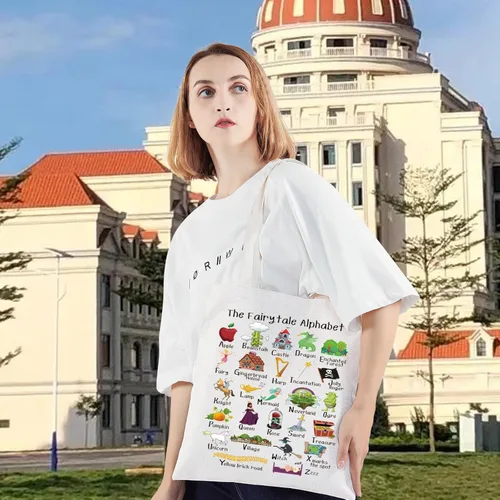 Miniatura 5 de LEVLO Bolsa de lona del alfabeto de cuento de hadas, princesa y villanos, regalo para fanáticos de las brujas, bolsa de hombro de princesa