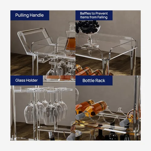 Miniatura 4 de HMYHUM Carrito de barra de acrílico con 4 ruedas con bloqueo, carrito de servicio transparente con estante para vino y soporte para vidrio, carrito