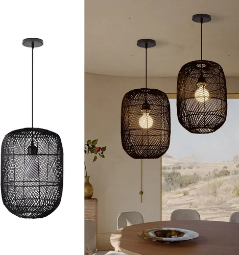 Arturesthome Lámpara colgante de ratán negro, lámpara de techo estilo bohemio natural, lámpara colgante de mimbre retro para isla de cocina, 11 x