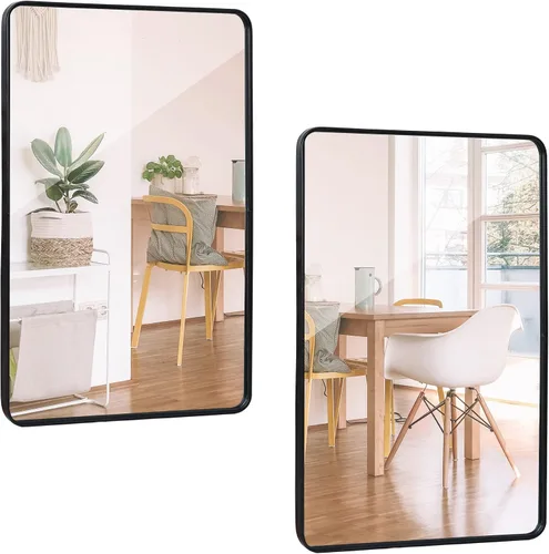 Miniatura 11 de Super Deal Espejo de pared negro de 24 x 36 pulgadas para baño, marco de metal de acero inoxidable con esquina redondeada, espejos rectangulares